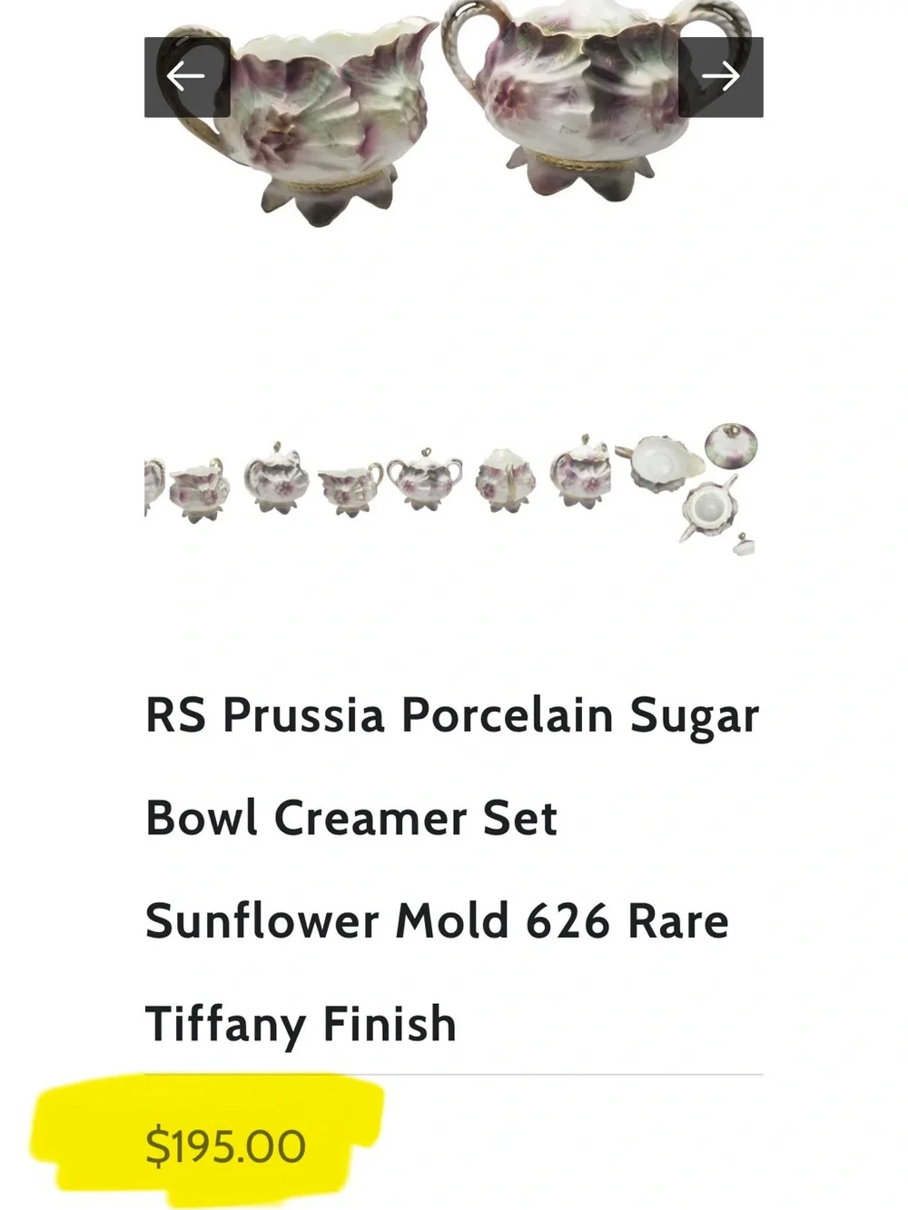 RARE RS PRUSSIA SUNFLOWER (MOLD 626) PORCELAIN SUGAR AND CREAMER SET